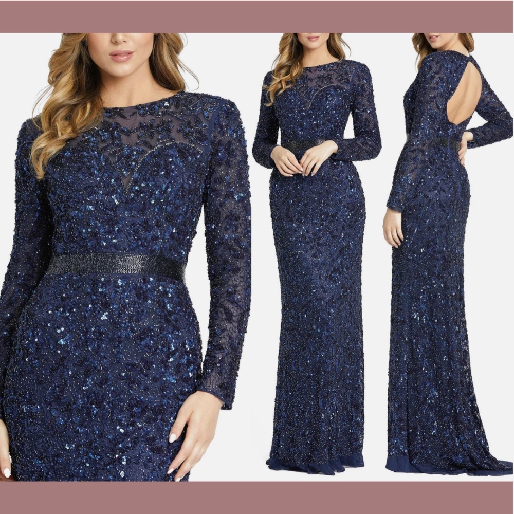 NWT $598 Mac Duggal [ 4 ]‎ Long Sleeve Embellished Gown in Midnight Blue